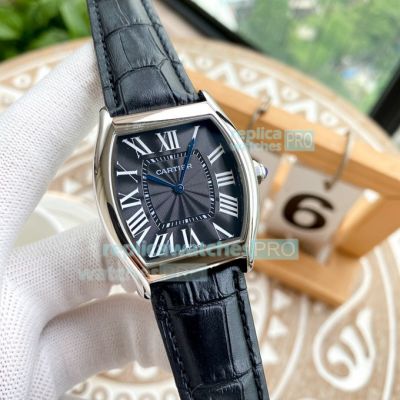 Replica Cartier Tortue Stainless Steel Black Dial Black Leather Strap Watch 42MM